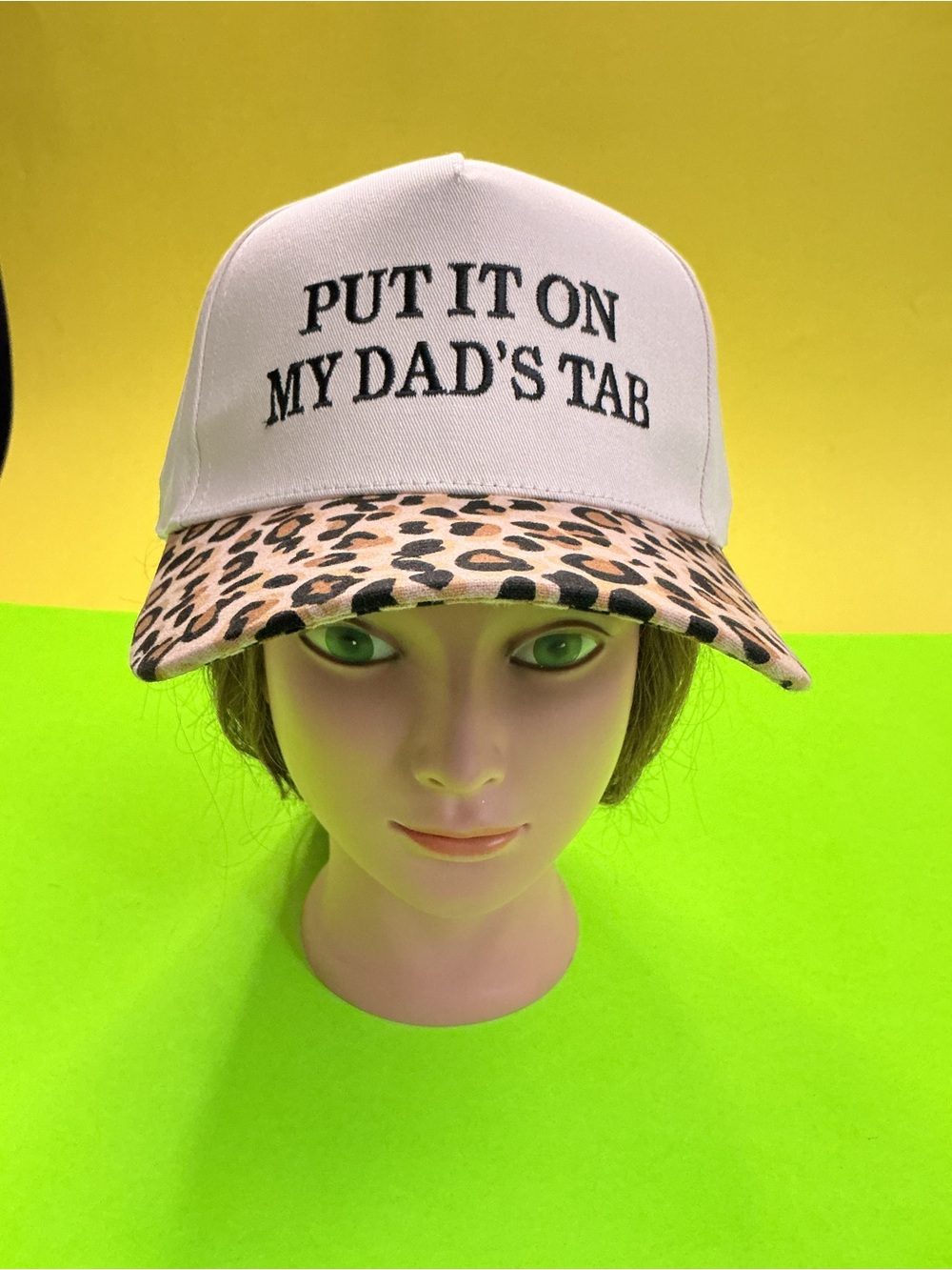 Cream Trucker Hat with Leopard Bill - "PUT IT ON MY DAD'S TAB"